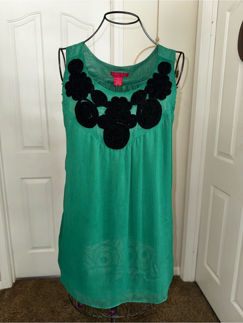 Sunny Leigh Emerald Green Sleeveless Tunic with Black Floral Applique